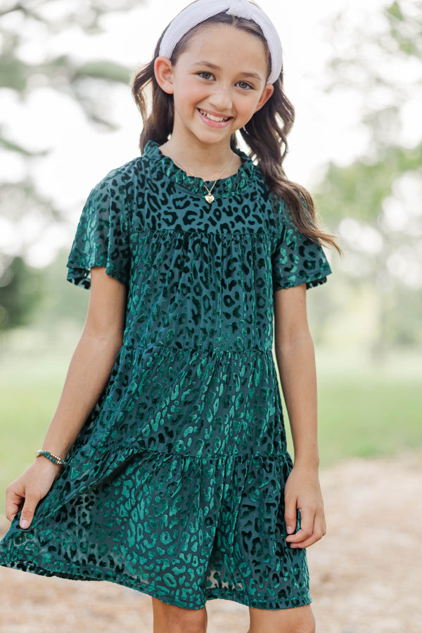 Girls: The Skylar Green Leopard Print Velvet Dress