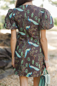 Still Thinking About It Brown Bird Print Dress