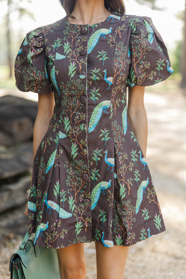 Still Thinking About It Brown Bird Print Dress