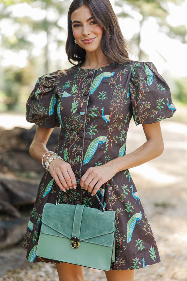 Still Thinking About It Brown Bird Print Dress