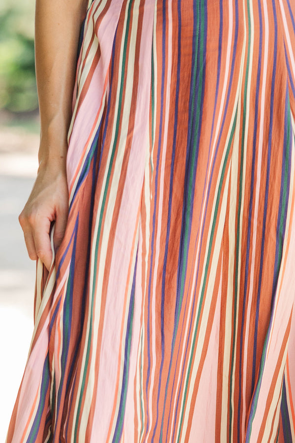 One More Look Brown Striped Midi Skirt