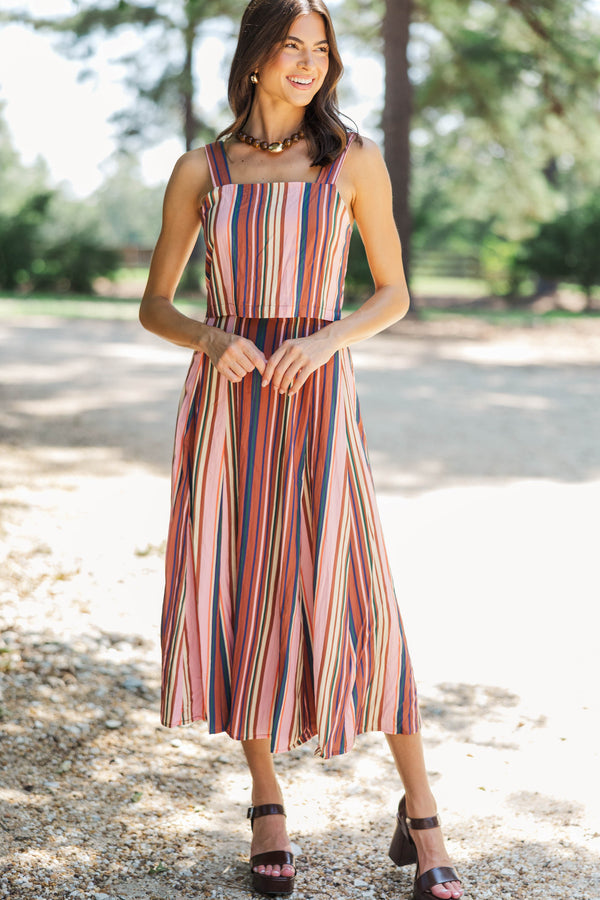 One More Look Brown Striped Midi Skirt