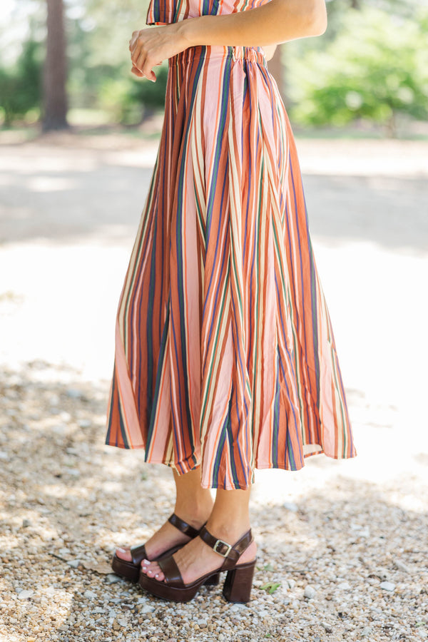 One More Look Brown Striped Midi Skirt