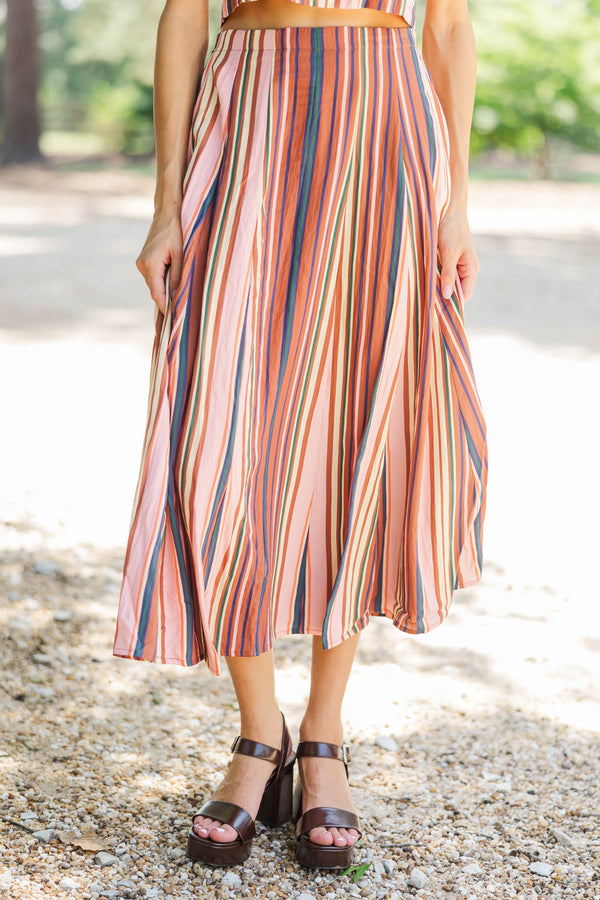 One More Look Brown Striped Midi Skirt