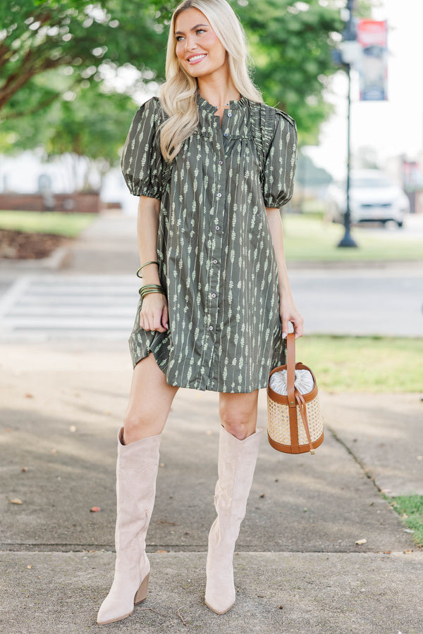 Gathered Grace Olive Ruffle Dress