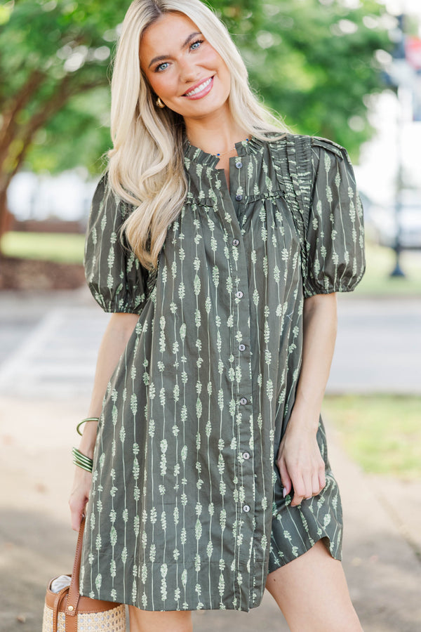 Gathered Grace Olive Ruffle Dress
