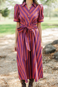 Autumn Afternoons Plum Striped Midi Dress