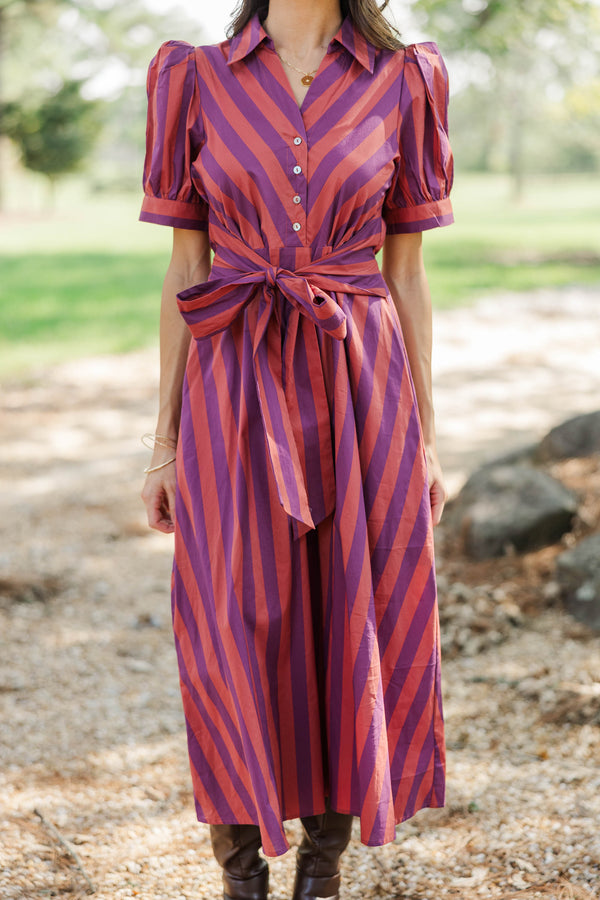 Autumn Afternoons Plum Striped Midi Dress
