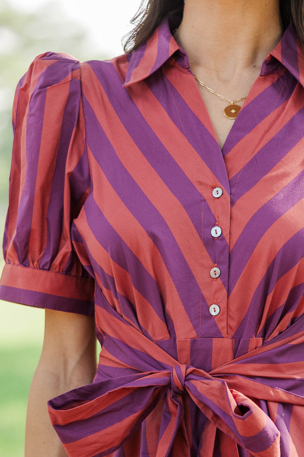 Autumn Afternoons Plum Striped Midi Dress