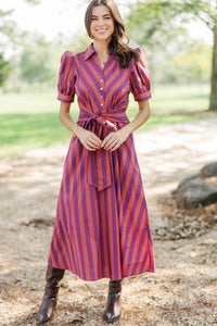 Autumn Afternoons Plum Striped Midi Dress