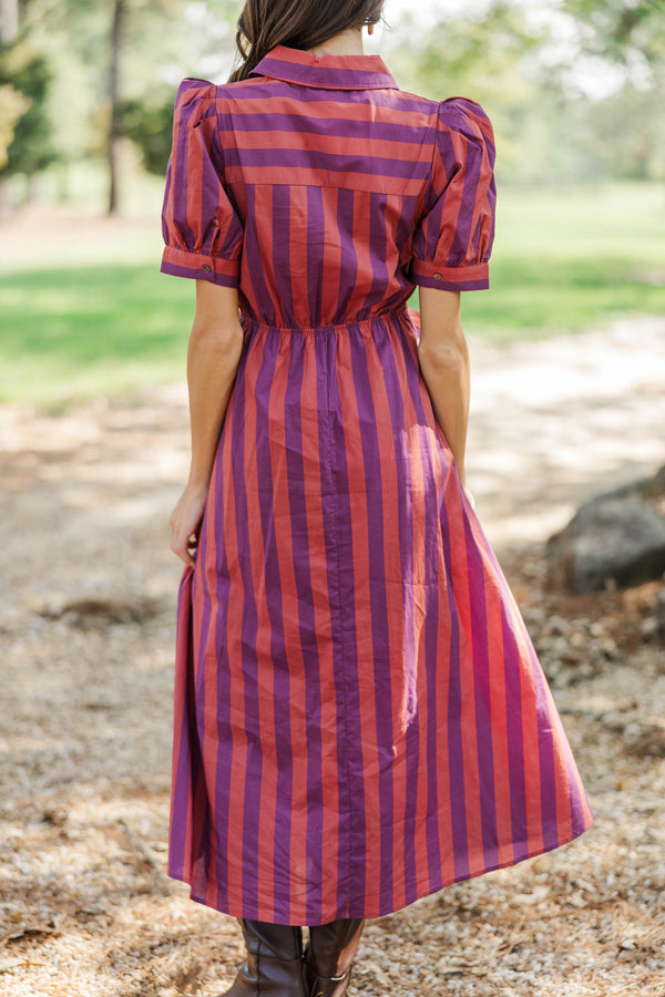 Autumn Afternoons Plum Striped Midi Dress