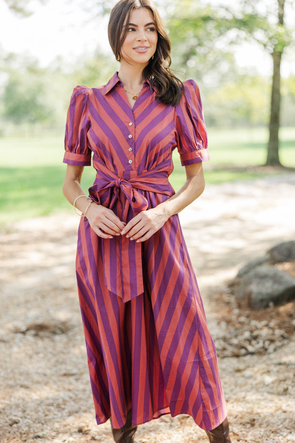 Autumn Afternoons Plum Striped Midi Dress