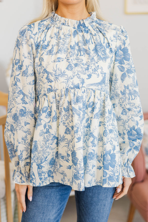 NURSING COLLECTION: Making Moves Blue Toile Ruffled Blouse