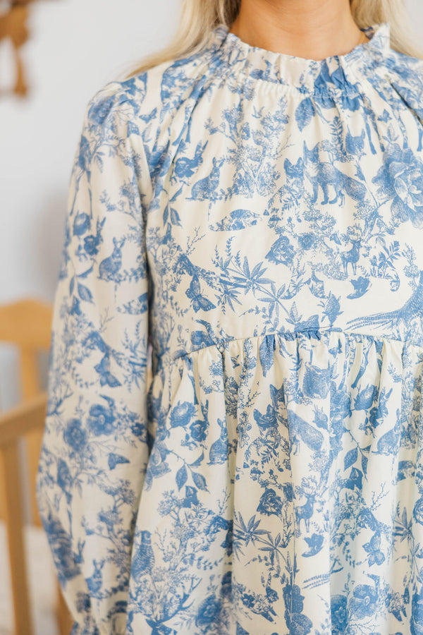 NURSING COLLECTION: Making Moves Blue Toile Ruffled Blouse