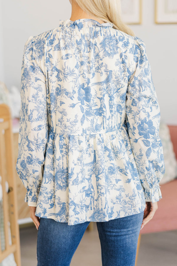 NURSING COLLECTION: Making Moves Blue Toile Ruffled Blouse