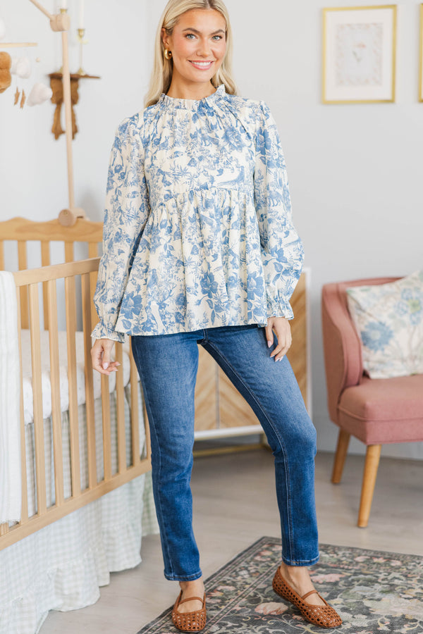 NURSING COLLECTION: Making Moves Blue Toile Ruffled Blouse