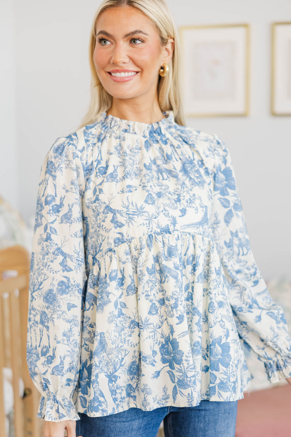 NURSING COLLECTION: Making Moves Blue Toile Ruffled Blouse