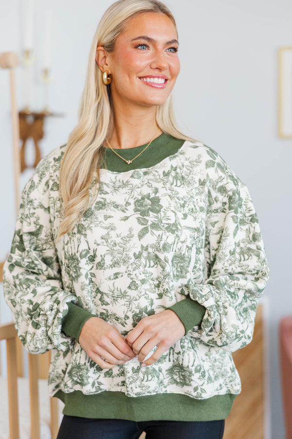 NURSING COLLECTION: Easy Morning Olive Toile Mock Neck Sweatshirt