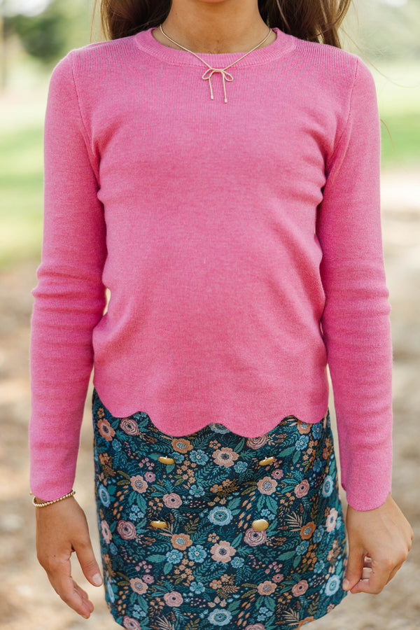 Girls: The Perfect Layer Pink Scallop Ribbed Sweater