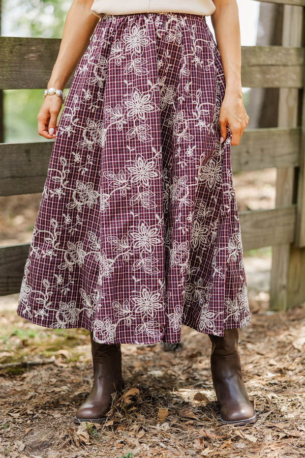 Must Be Nice Burgundy Plaid Midi Skirt