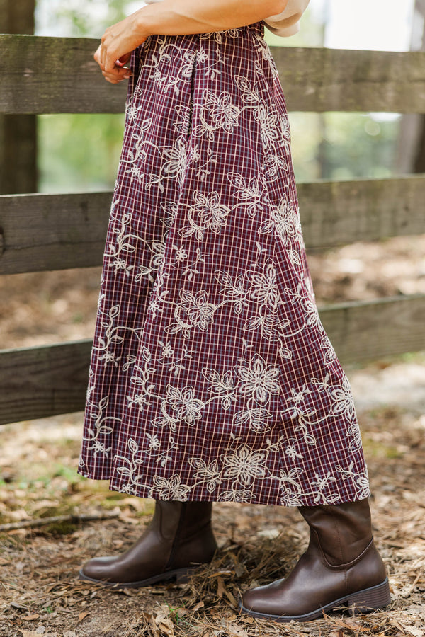Must Be Nice Burgundy Plaid Midi Skirt