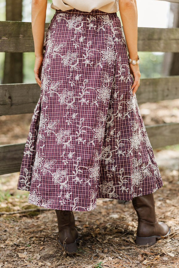 Must Be Nice Burgundy Plaid Midi Skirt