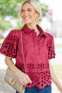 The One You'll Reach For Burgundy Eyelet Blouse