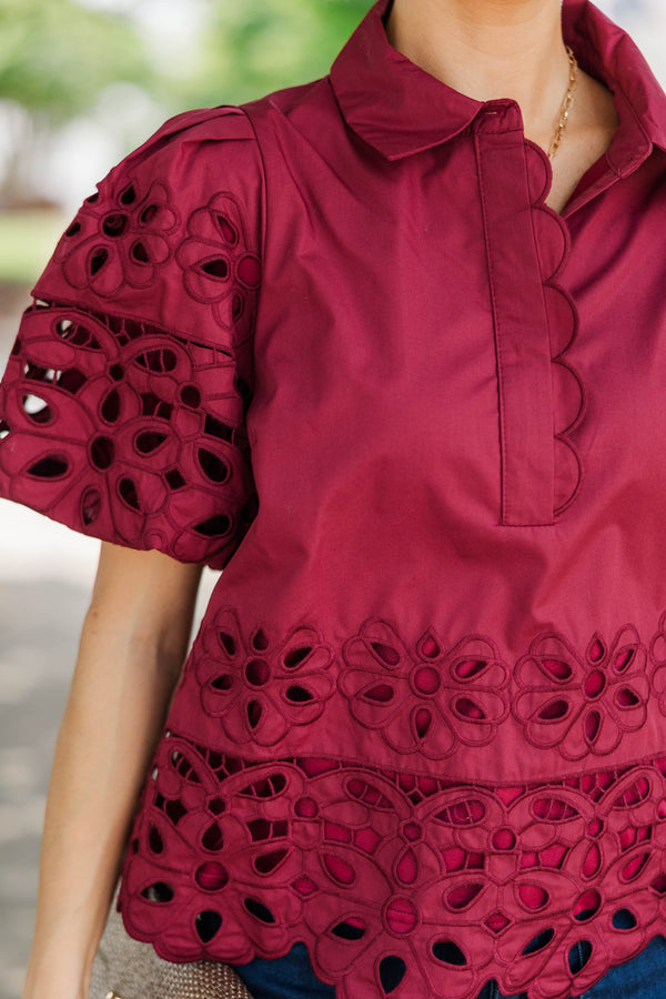 The One You'll Reach For Burgundy Eyelet Blouse