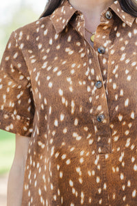 Worth A Second Look Camel Spotted Dress