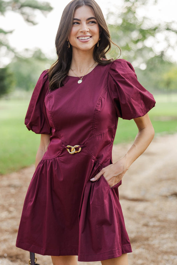 Weekend Away Burgundy Puff Sleeve Dress