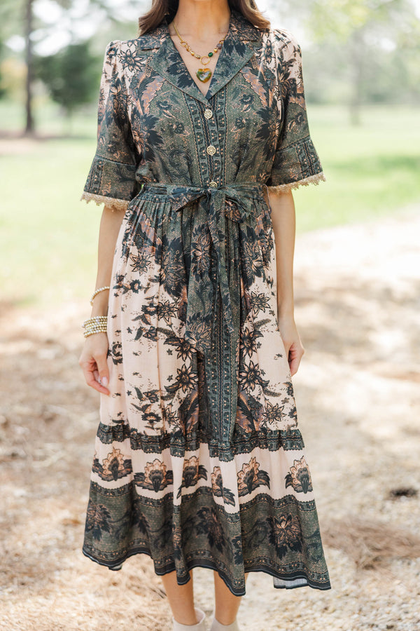 Collected Beauty Olive Floral Midi Dress
