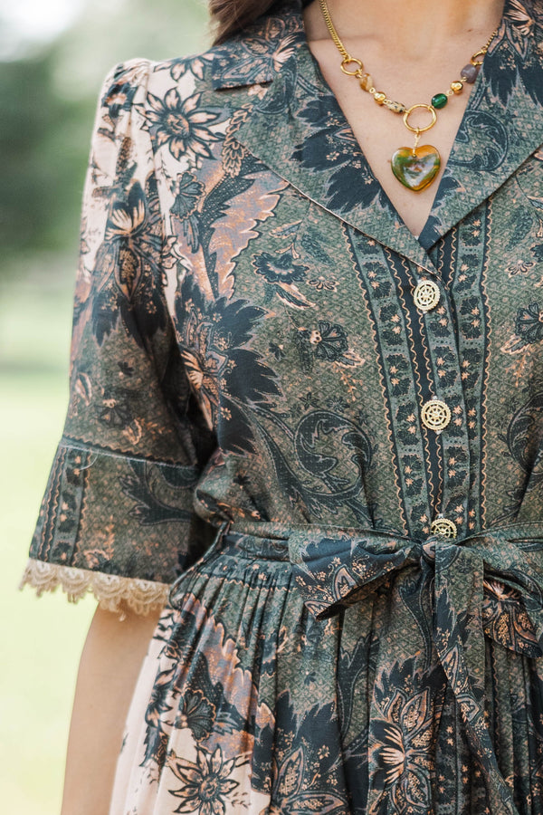 Collected Beauty Olive Floral Midi Dress