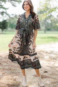 Collected Beauty Olive Floral Midi Dress