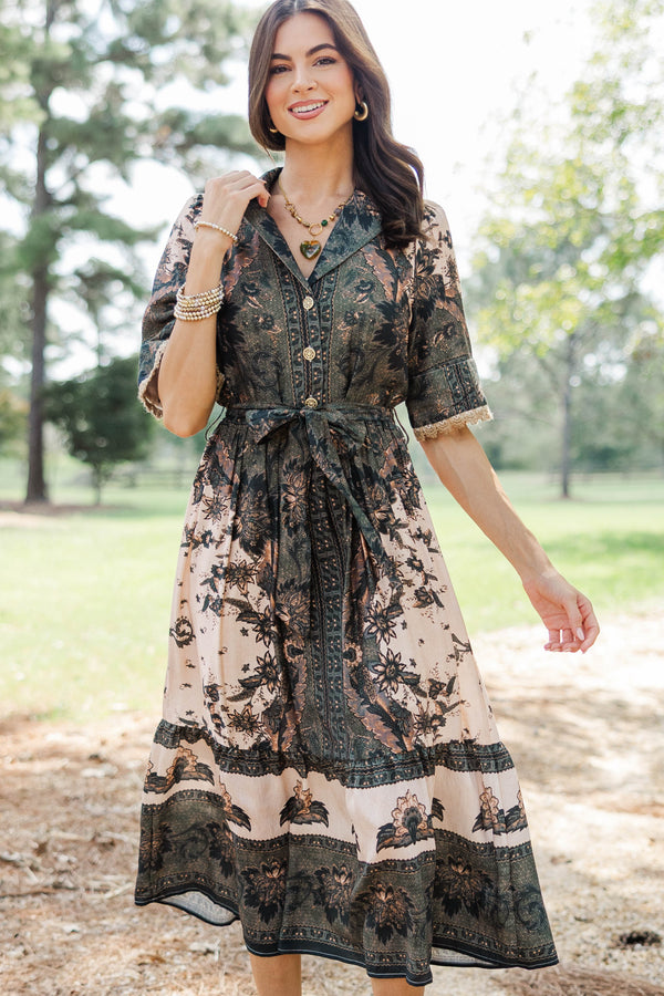 Collected Beauty Olive Floral Midi Dress