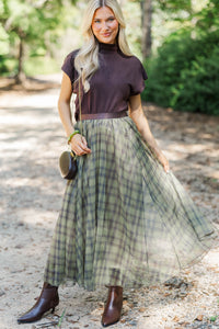 Gathered Greatness Olive Plaid Midi Skirt
