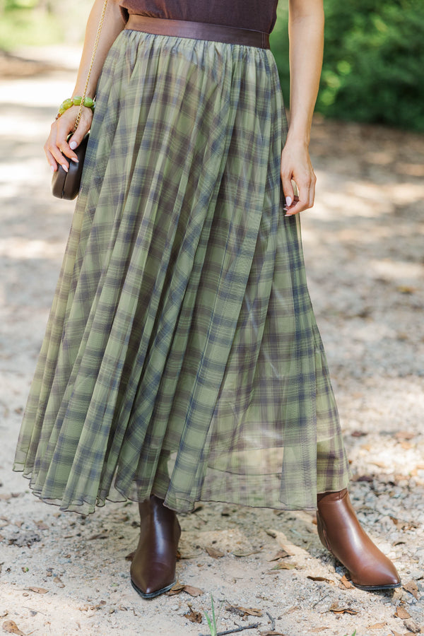 Gathered Greatness Olive Plaid Midi Skirt