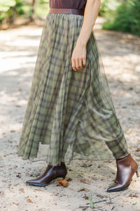 Gathered Greatness Olive Plaid Midi Skirt
