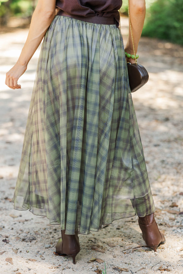 Gathered Greatness Olive Plaid Midi Skirt