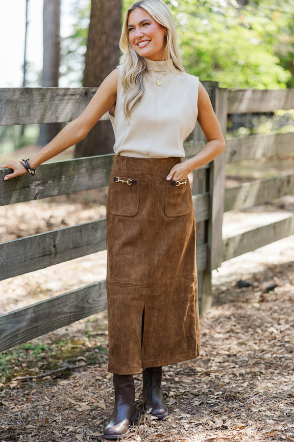 Heirloom Charm Brown Suede Midi Skirt