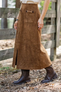 Heirloom Charm Brown Suede Midi Skirt