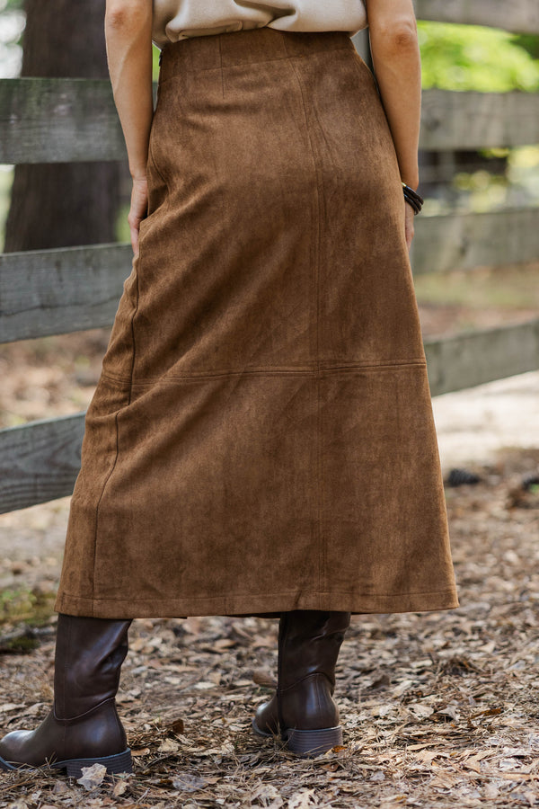 Heirloom Charm Brown Suede Midi Skirt