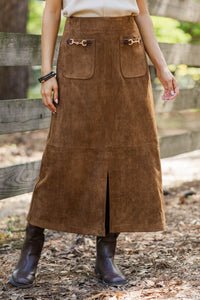 Heirloom Charm Brown Suede Midi Skirt