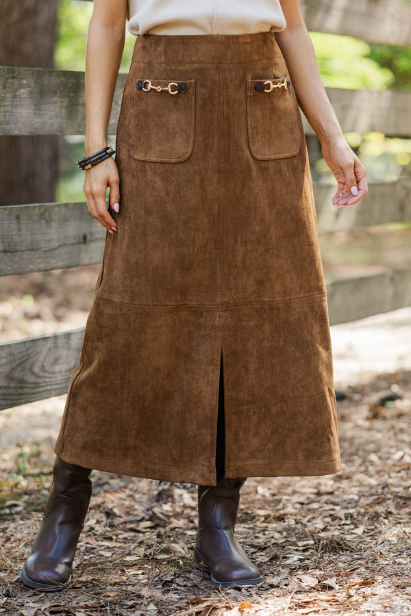 Heirloom Charm Brown Suede Midi Skirt
