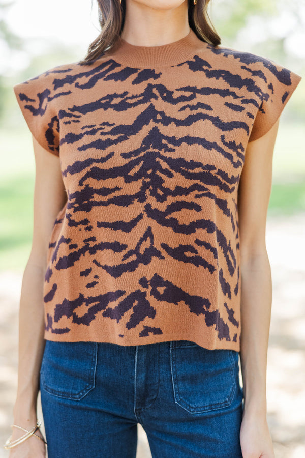 On My List Camel Tiger Stripe Sweater