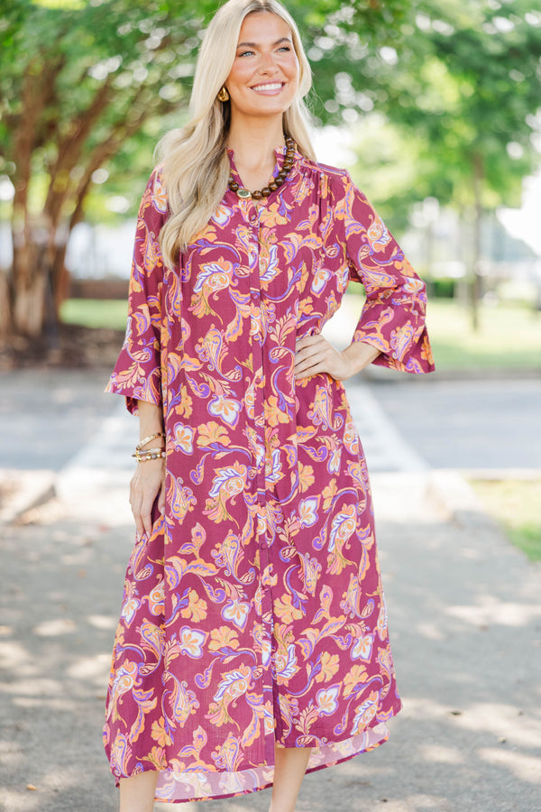 Golden Ember Burgundy Chintz Midi Dress