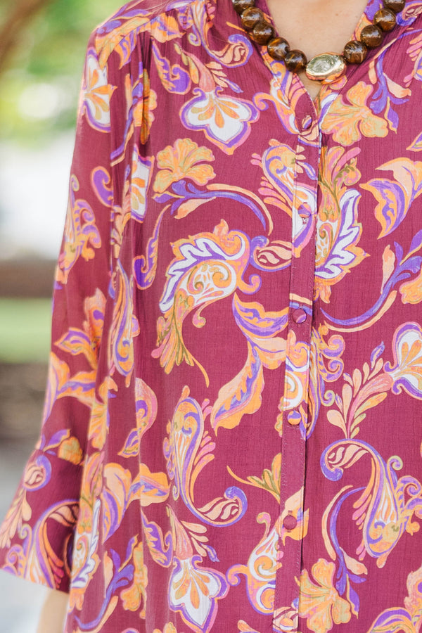 Golden Ember Burgundy Chintz Midi Dress