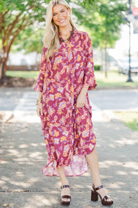 Golden Ember Burgundy Chintz Midi Dress