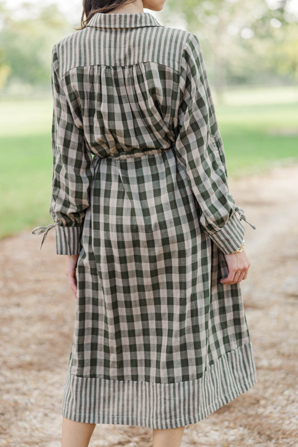 Found Your Way Olive Gingham Midi Dress