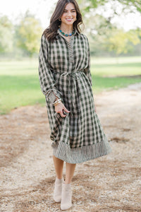 Found Your Way Olive Gingham Midi Dress