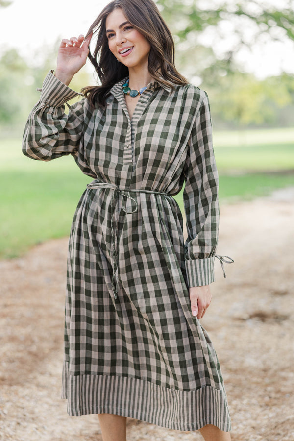 Found Your Way Olive Gingham Midi Dress